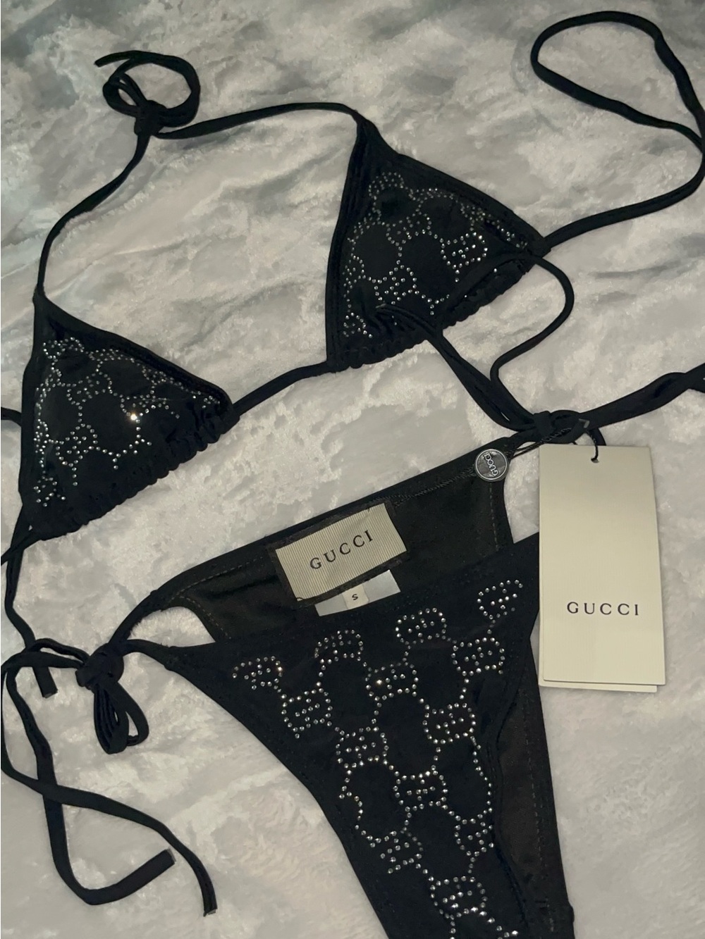 GUCCI Black Rhinestone Logo Triangle Bikini - Picture 3 of 4